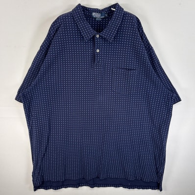 古着 90's/90年代 ラルフローレン RALPH LAUREN 鹿の子 半袖 ポロシャツ ワンポイント ロゴ 刺繍 大きいサイズ 胸ポケ 3XL BIG ネイビー系 ドット メンズ
