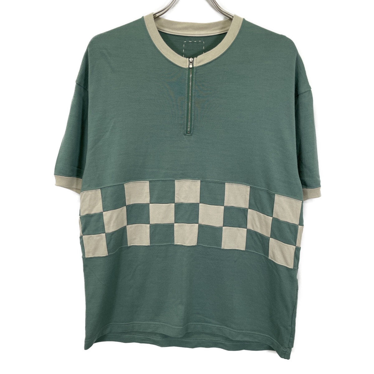 ビズビム 25SS 0125105010007 グリーン×ホワイト ウール MERCKX CB ZIP P.O チェック切り替え ハーフジップニットソー グリーン