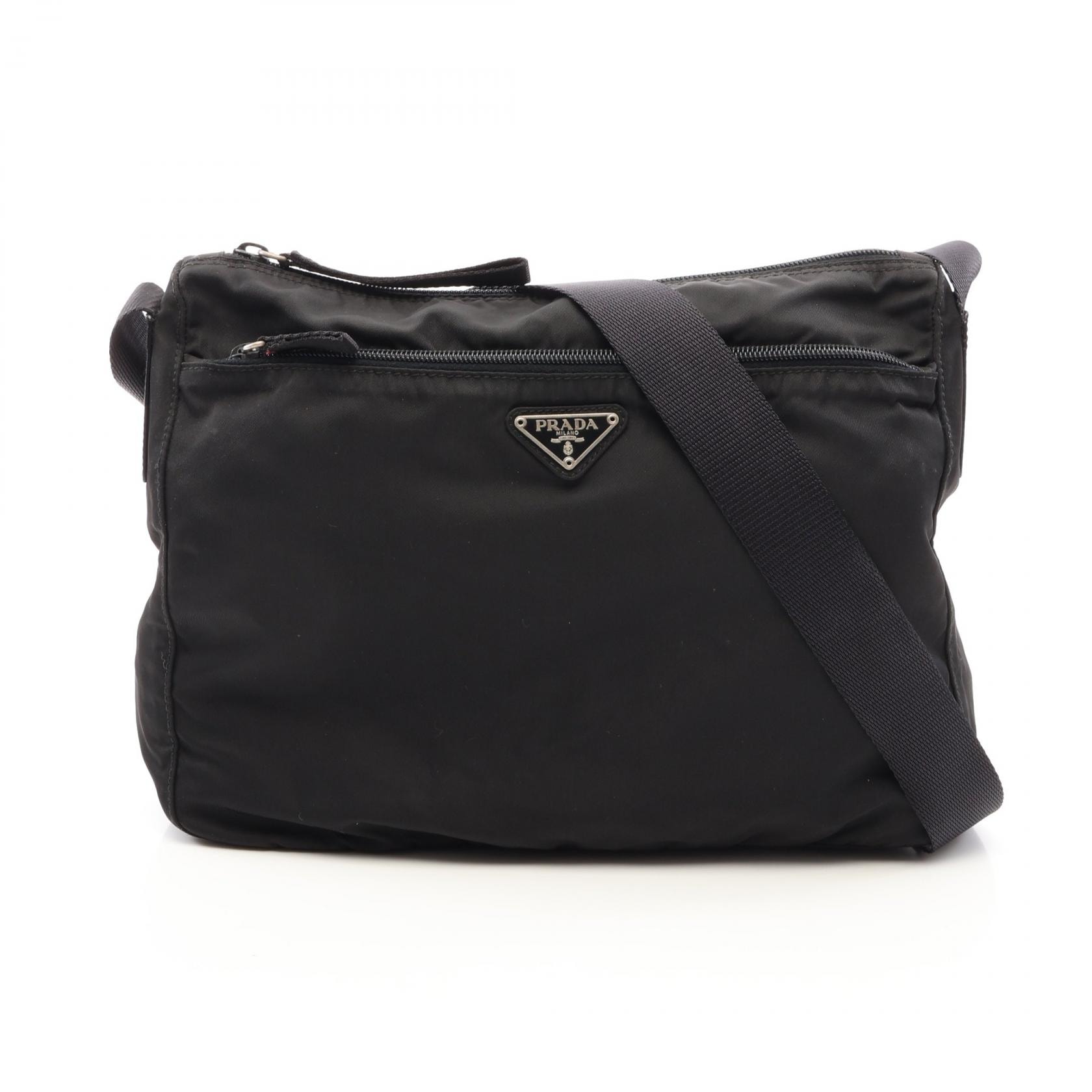 プラダ PRADA 三角プレート ショルダーバッグ バッグ ナイロン レザー メンズ レディース ブラック系 【中古】