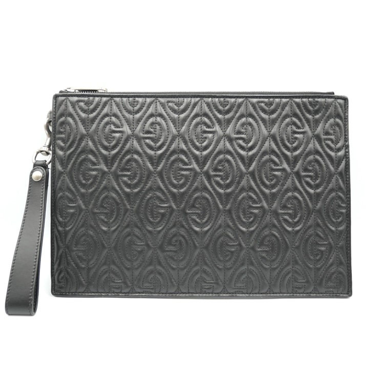 GUCCI(グッチ)Gランバス ジップクラッチバッグ ブラック キルティングレザー リストストラップ シルバー金具 メンズ レディース【中古】