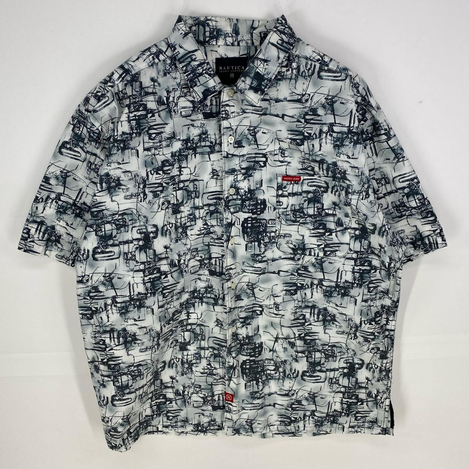 古着 ノーティカ NAUTICA 半袖シャツ 車 大きいサイズ ワンポイントロゴ XL ホワイト系 総柄 メンズ