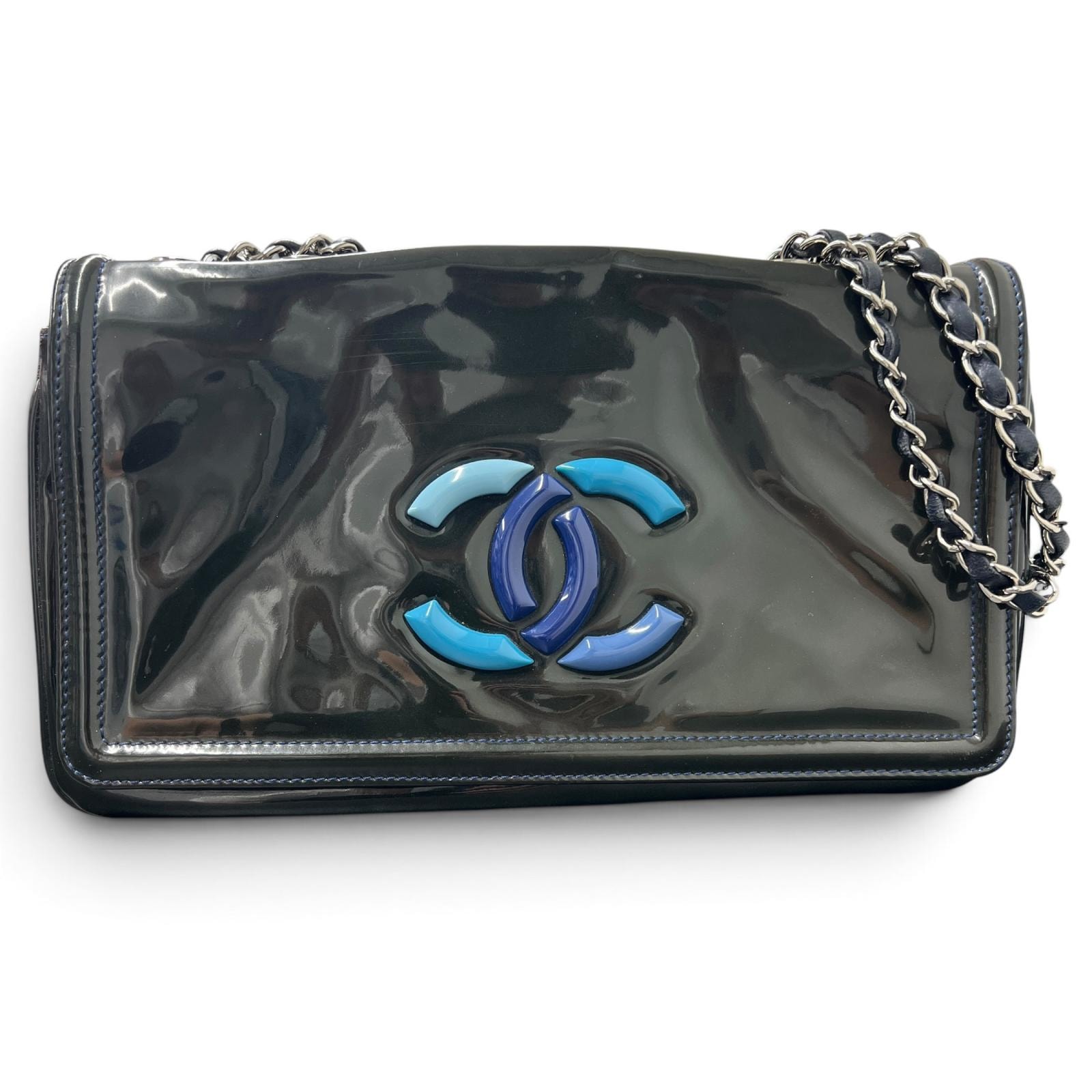 CHANEL 希少 シャネル リップスティック チェーンショルダーバッグ エナメルレザー 13番台シリアル カーキグリーン ネイビー ポシェット ココマーク Y2K Bランク 鑑定済 中古 シャネルバッグ
