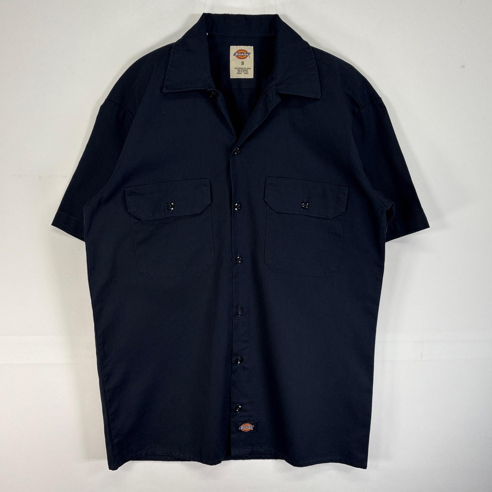 古着 ディッキーズ Dickies 半袖シャツ ワーク 作業着 フラップ ワンポイント ロゴ S ネイビー 無地 メンズ