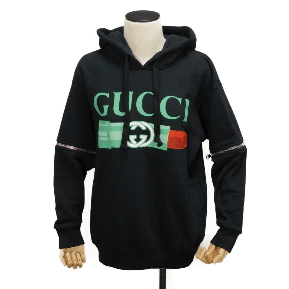 GUCCI グッチ GG ロゴ リップスティック フーディ スウェット プルオーバー グリーン レッド ホワイト  XXS 155/80Y ファスナー 半袖 2WAY インターロッキングG コットン ブラック パーカー 743404 XJFIX 1082