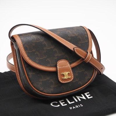 極美品 CELINE セリーヌ トリオンフキャンバス セリーヌ ミニ ブザス 196702BZJ.04LU ショルダーバッグ ブラウン ベージュ コーティングキャンバス レザー レディース
