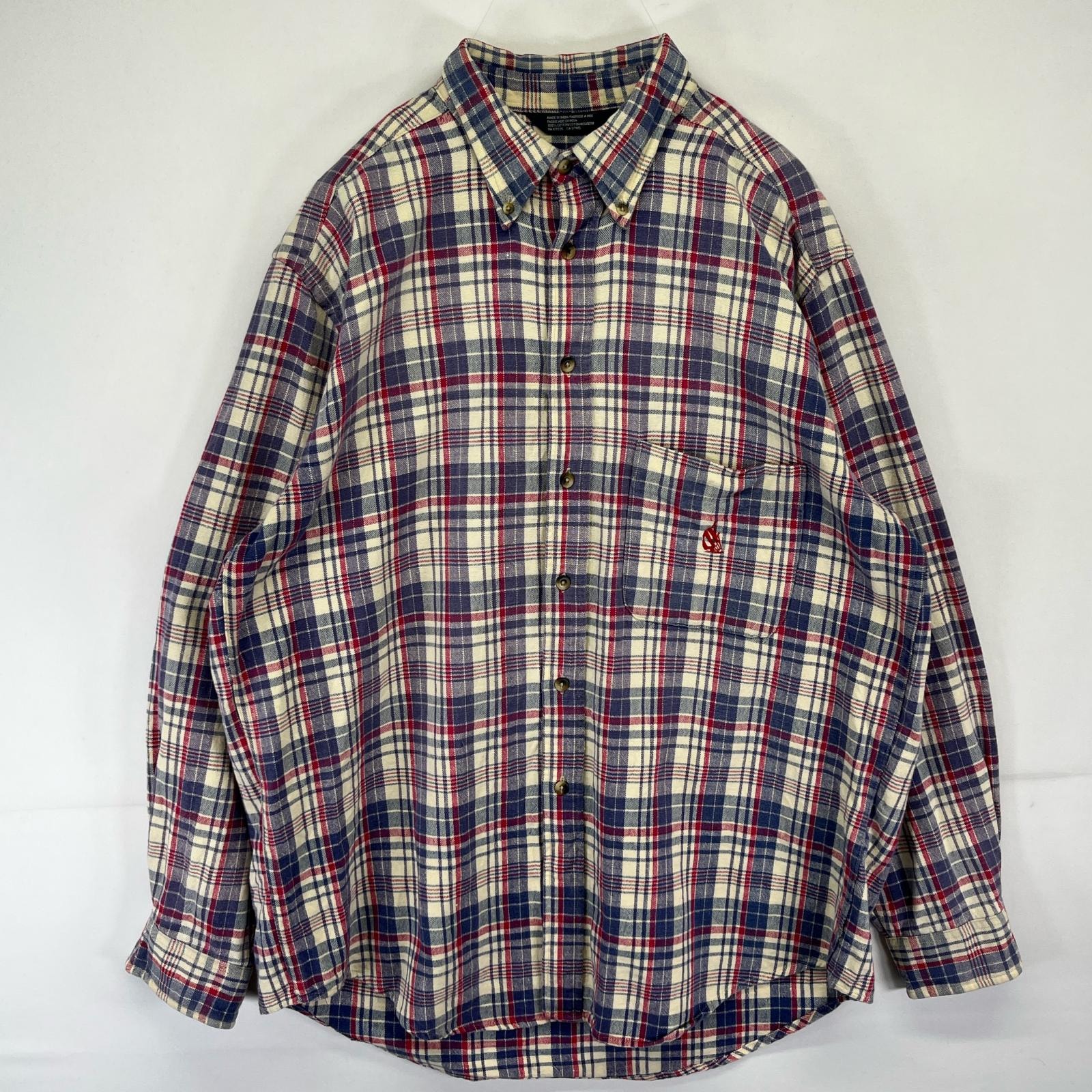 古着 90's/90年代 ノーティカ NAUTICA 長袖シャツ ボタンダウンシャツ ワンポイントロゴ ヘビーネルシャツ 胸ポケット L  レッド メンズ