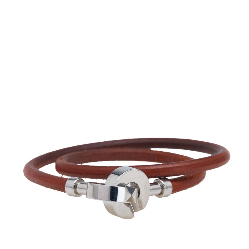 エルメス ランスロット ブレスレット チョーカー ブラウン シルバー レザー メタル レディース HERMES 【中古】