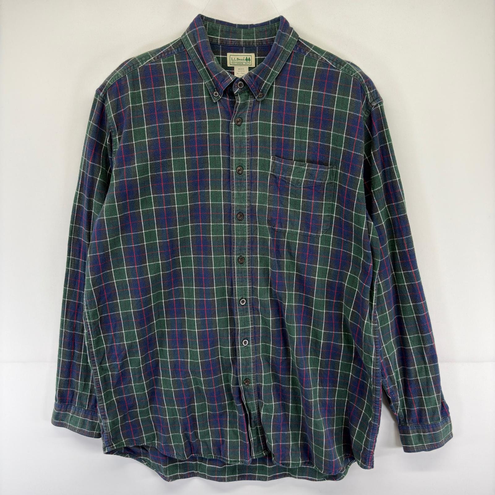 古着 エルエルビーン L.L.Bean 長袖シャツ ボタンダウン 胸ポケット ネル 大きいサイズ XL  グリーン系 チェック メンズ