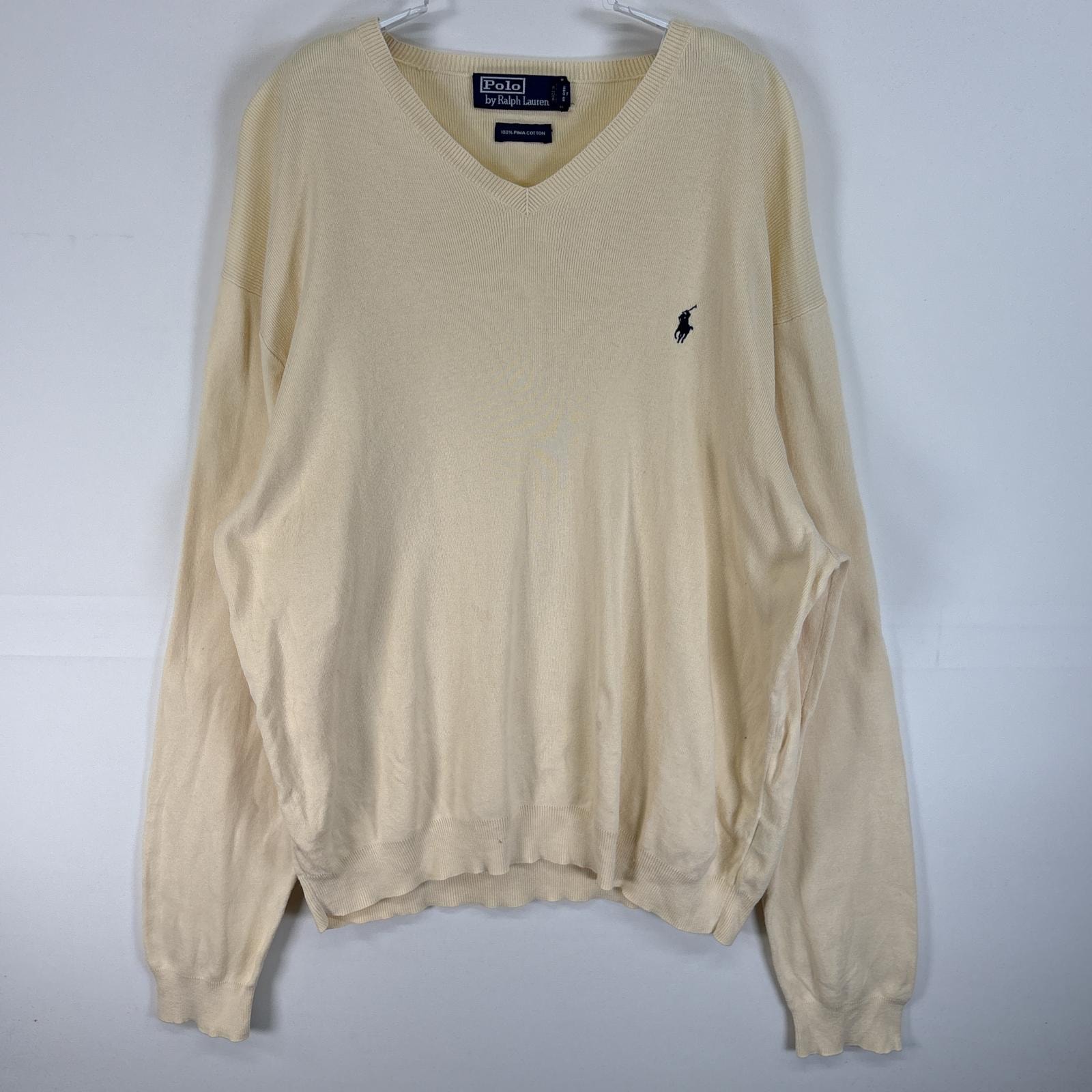 古着 90's/90年代 ポロバイラルフローレン Polo by Ralph Lauren 長袖 セーター Vネック ロゴ 刺繍 XL  イエロー 無地 メンズ