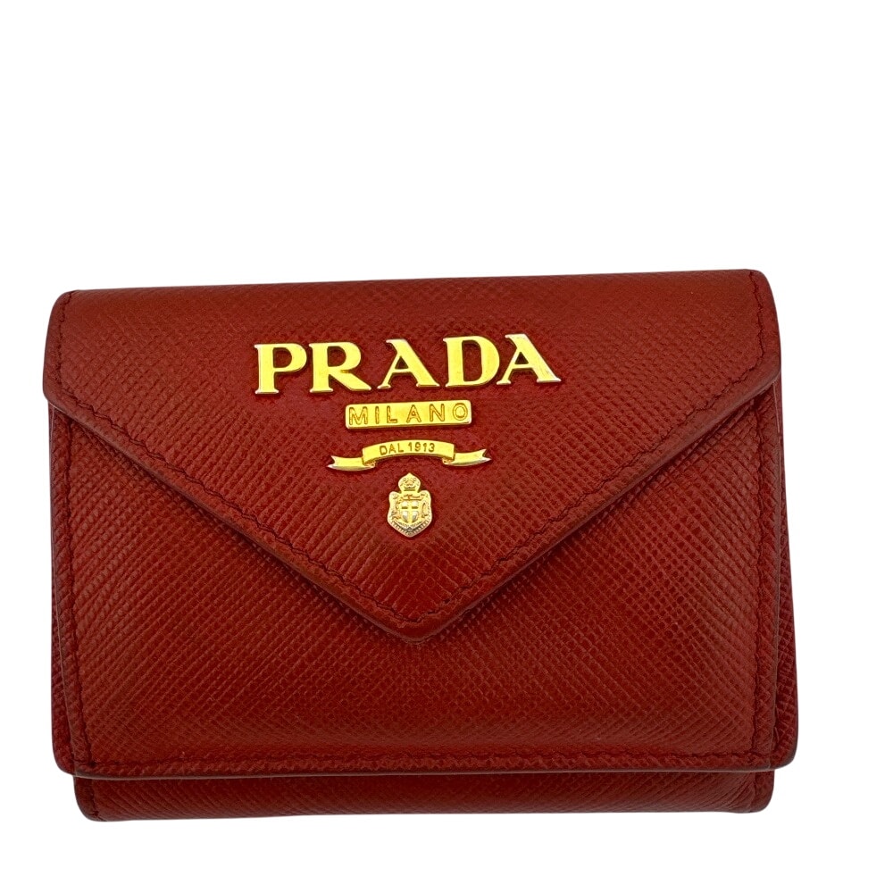 プラダ PRADA 三つ折り財布 サフィアーノ コンパクトウォレット ロゴプレート レッド