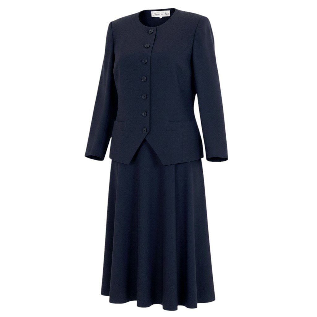 Christian Dior クリスチャンディオール スカートスーツ ノーカラージャケット フレアスカート ネイビー ウール セットアップ A3-00385 【中古】