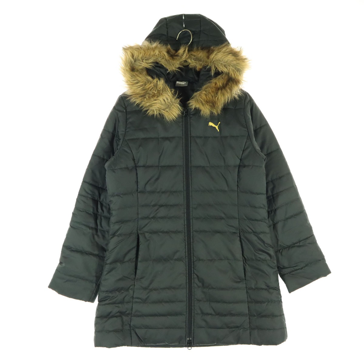 美品 PUMA プーマ ロゴ刺繍 フードファー付 中綿ジャケット M ブラック ファー取り外し可