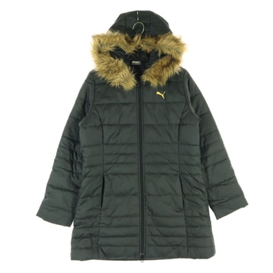 美品 PUMA プーマ ロゴ刺繍 フードファー付 中綿ジャケット M ブラック ファー取り外し可