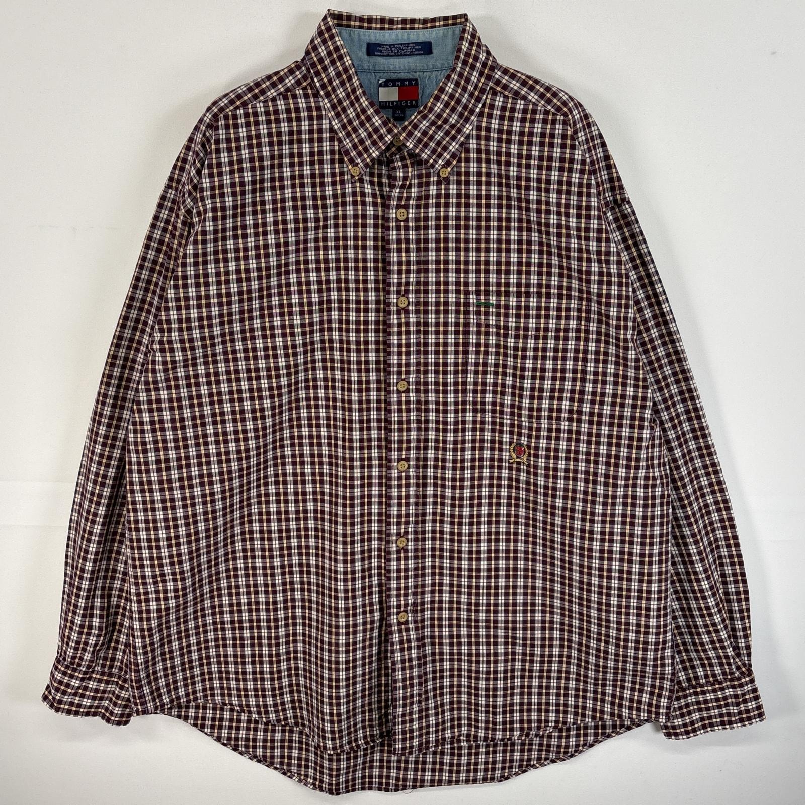 古着 90's/90年代 トミーヒルフィガー TOMMY HILFIGER 長袖シャツ ボタンダウンシャツ ロゴ 刺繍 チェック XL  ワインレッド マルチカラー メンズ