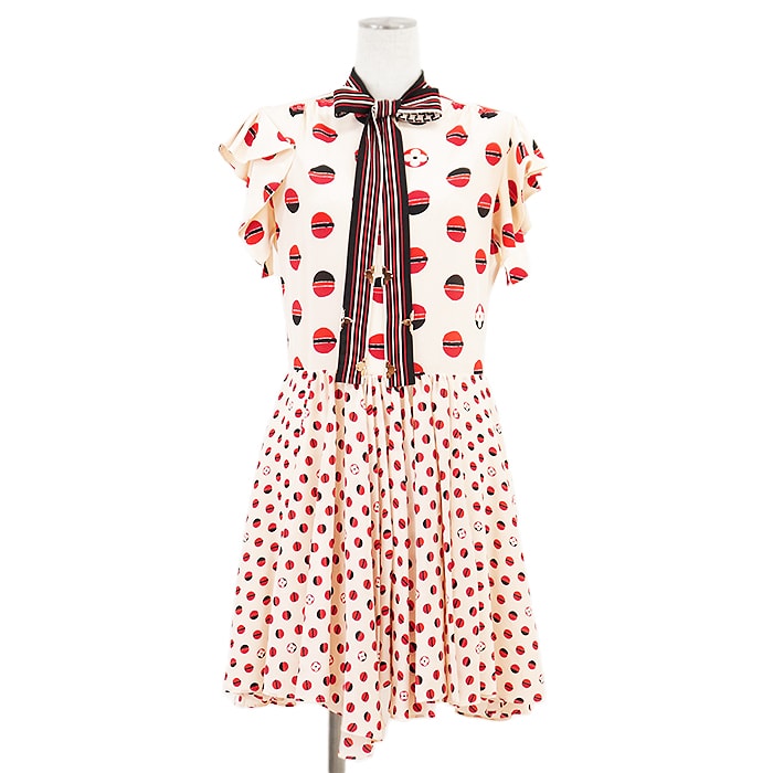 【極美品】LOUIS VUITTON ルイ・ヴィトン ワンピース 2020AW シルク100% リボンタイ モノグラム フラワー プリント メタルゴールドパーツ バックジップ ギャザー ドレス ハンガー付属 レディース 36 ベージュ マルチカラー 総柄 伊製