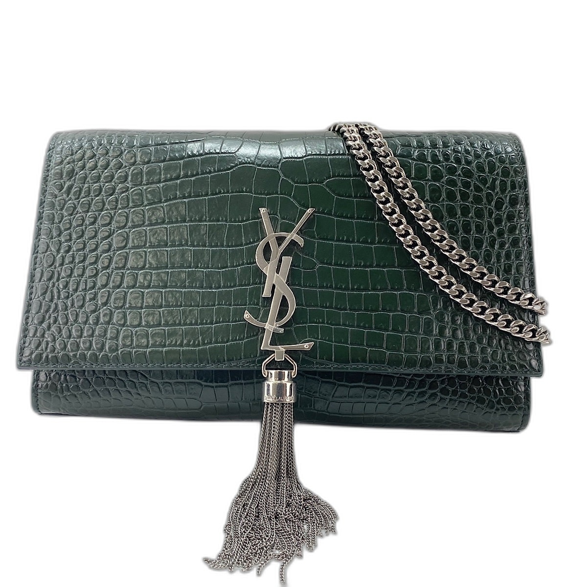 イヴ・サンローラン YSL ケイト フリンジ、クロコ型押し ショルダーバッグ レザー【中古】