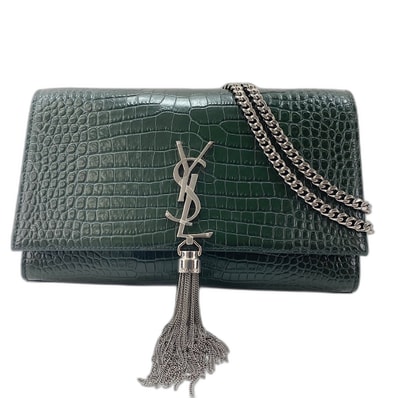 イヴ・サンローラン YSL ケイト フリンジ、クロコ型押し ショルダーバッグ レザー【中古】