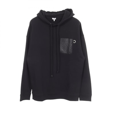 ロエベ LOEWE アナグラム レザーポケット付き パーカー 衣料品 トップス コットン メンズ ブラック系 【中古】