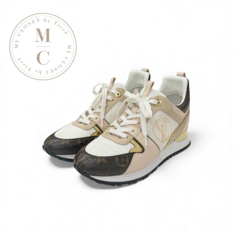 ルイヴィトン LOUIS VUITTON ランアウェイライン モノグラム スニーカー 靴 シューズ レザー メッシュ ピンクベージュ ブラウン LVロゴ インヒール