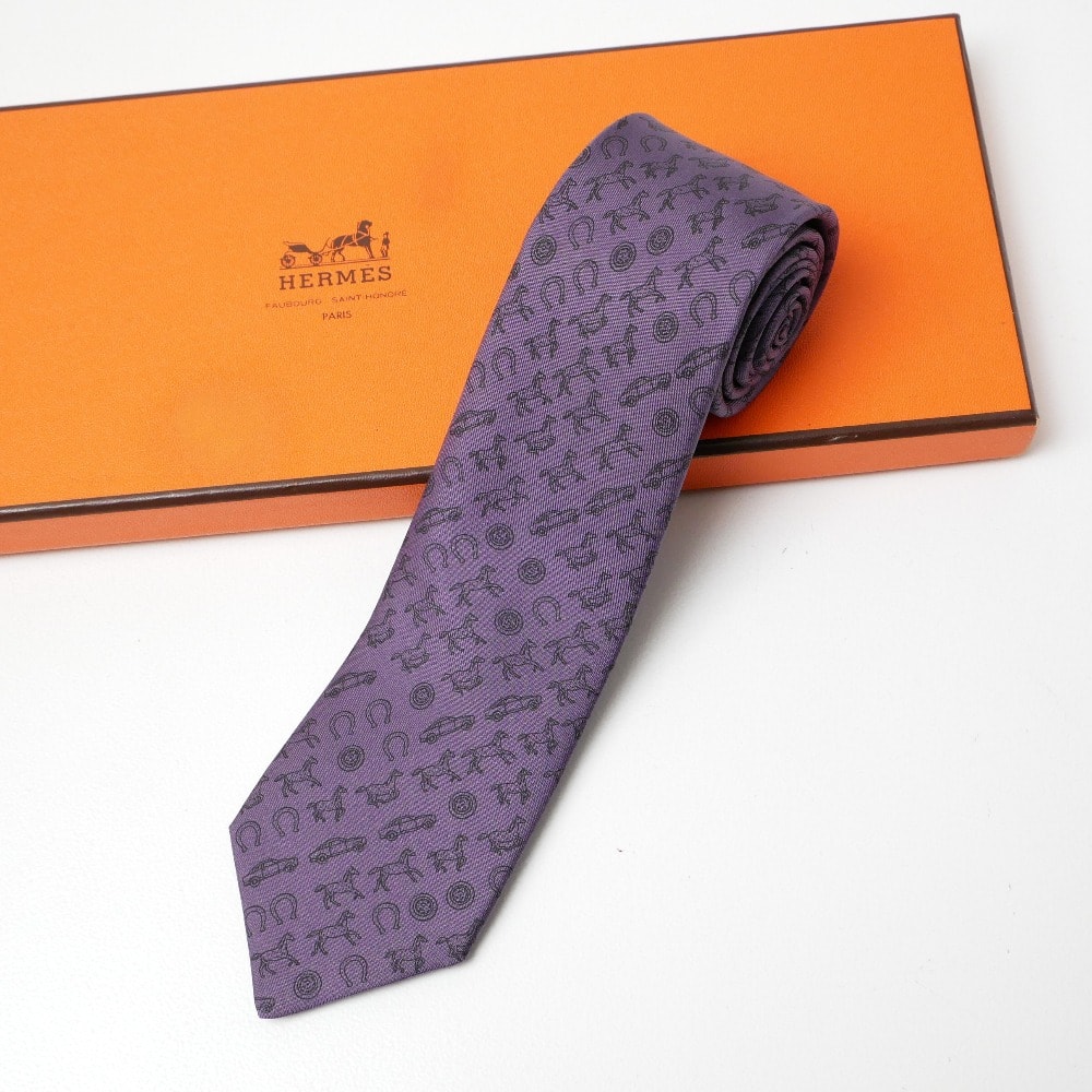 ■美品■HERMES エルメス HORSE POWER VIOLE ネクタイ シルクツイル 馬車 ブランド古着【中古】20260805/RB0295