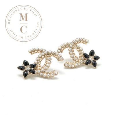 シャネル CHANEL ピアス イヤリング ゴールド ブラック ココマーク ラインストーン フラワー