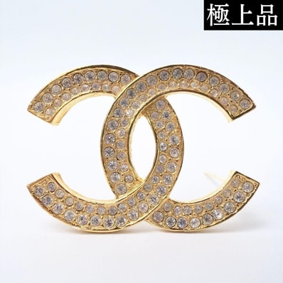 【極上品】CHANEL シャネル ココマーク ラインストーン ブローチ ゴールド