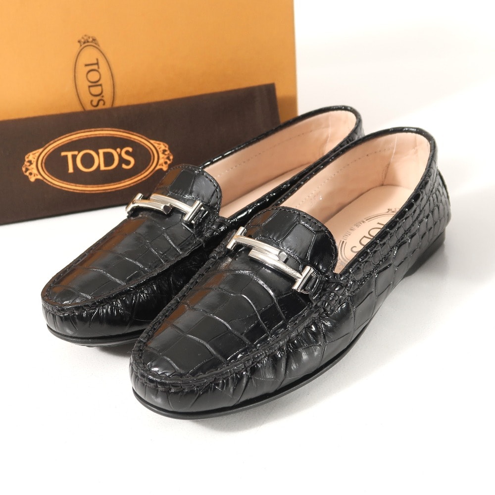 ■美品■TOD'S トッズ GOMMA LU DOPPIA T MINI ローファー サイズ36 1/2 ダブルT クロコ型押し ドライビングシューズ レザー 靴 ブランド古着【中古】20251126/RA6626