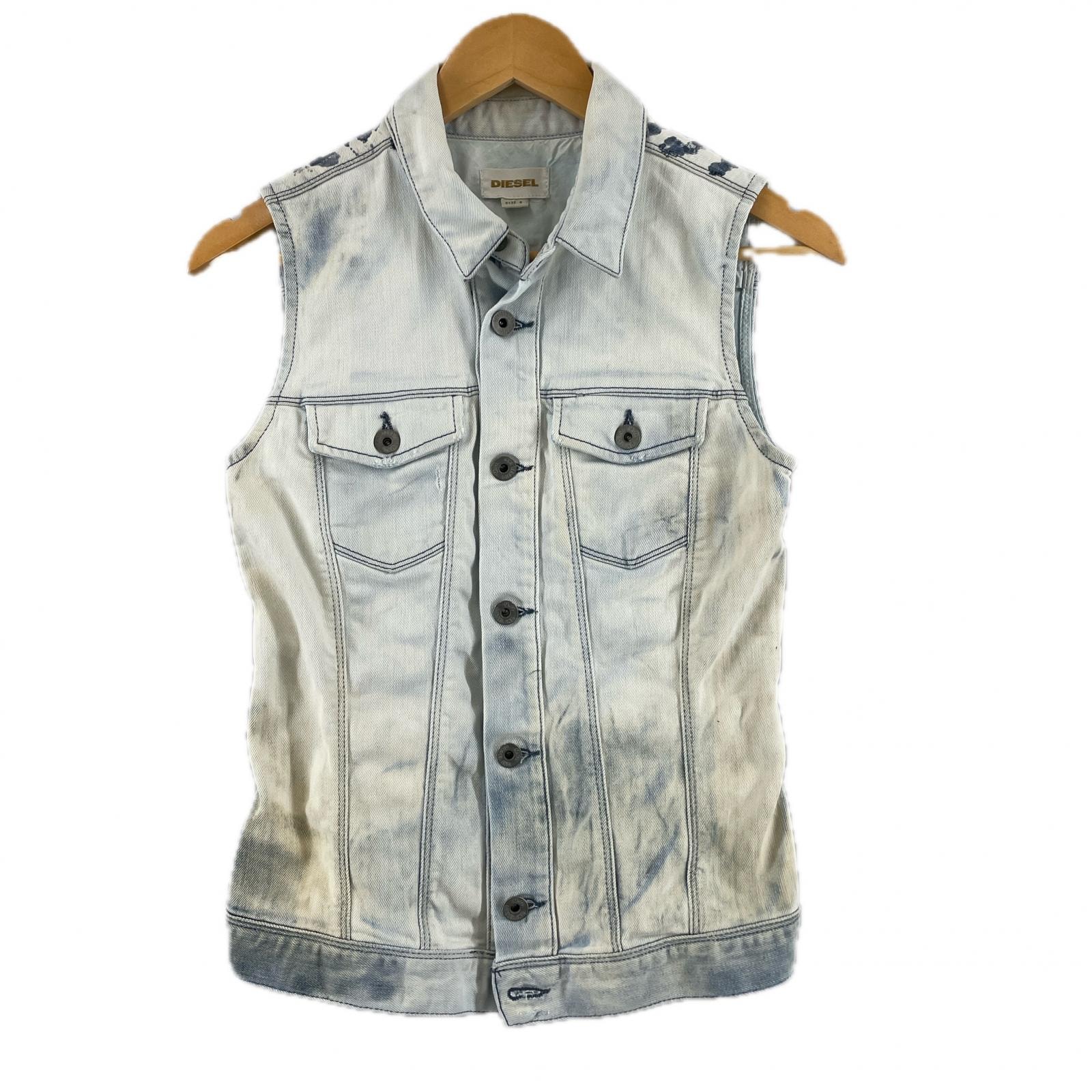 美品 DIESEL ディーゼル デニムベスト 総柄 春夏 SS ベスト コットン ライトブルー レディース S スプラッター柄【古着】【中古】