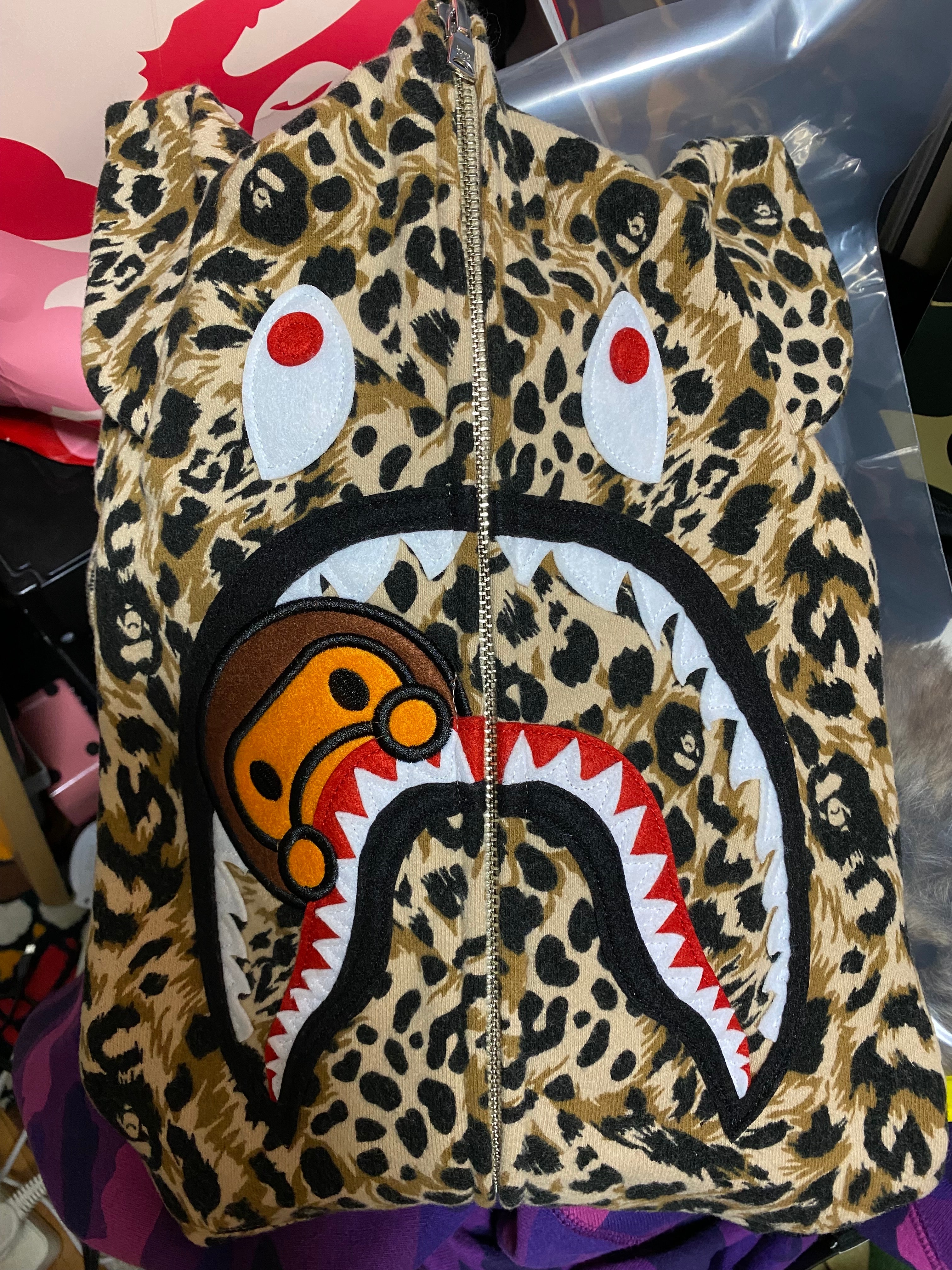 A BATHING APE Wild Leopard Pattern Milo Shark Full Zip Hoodie "Beige"