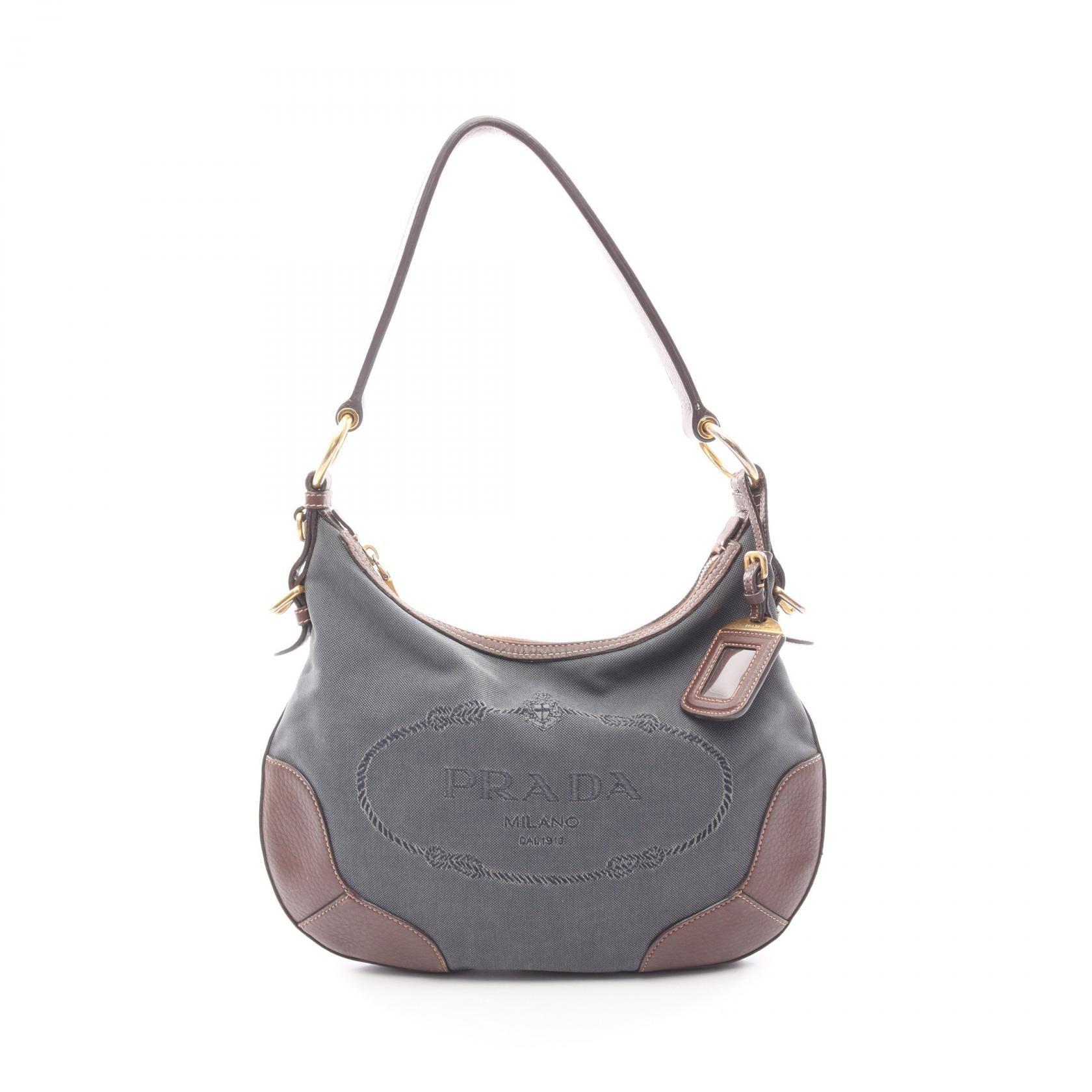 プラダ PRADA LOGO JACQUARD ロゴジャガード ショルダーバッグ バッグ キャンバス レザー レディース ブルー系 / ブラウン系 【中古】