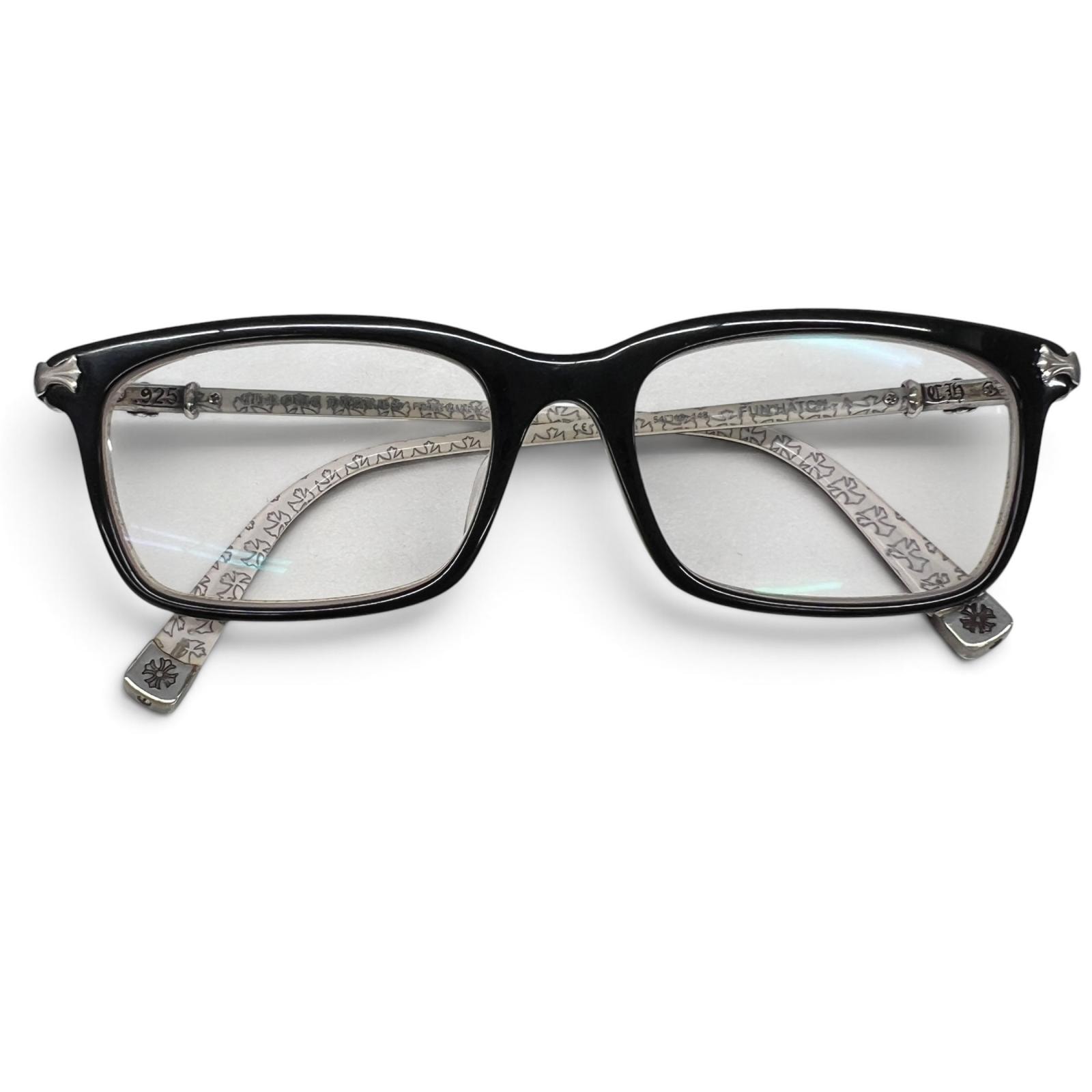 CHROME HEARTS 美品 クロムハーツ FUN HATCH-A クロス サングラス 54□18-148 ギャランティ・純正レンズ付属 ブラウン アイボリー 度無し クリア プラスチック シルバー 眼鏡 メガネ ABランク 中古 鑑定済 クロムサングラス