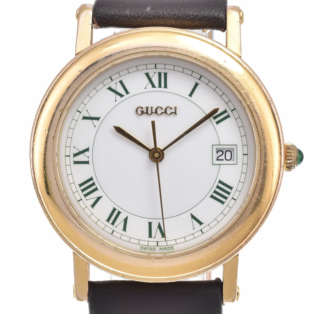 グッチ GUCCI 7200M デイト GP/レザー ホワイト クォーツ メンズ 腕時計 D#149531