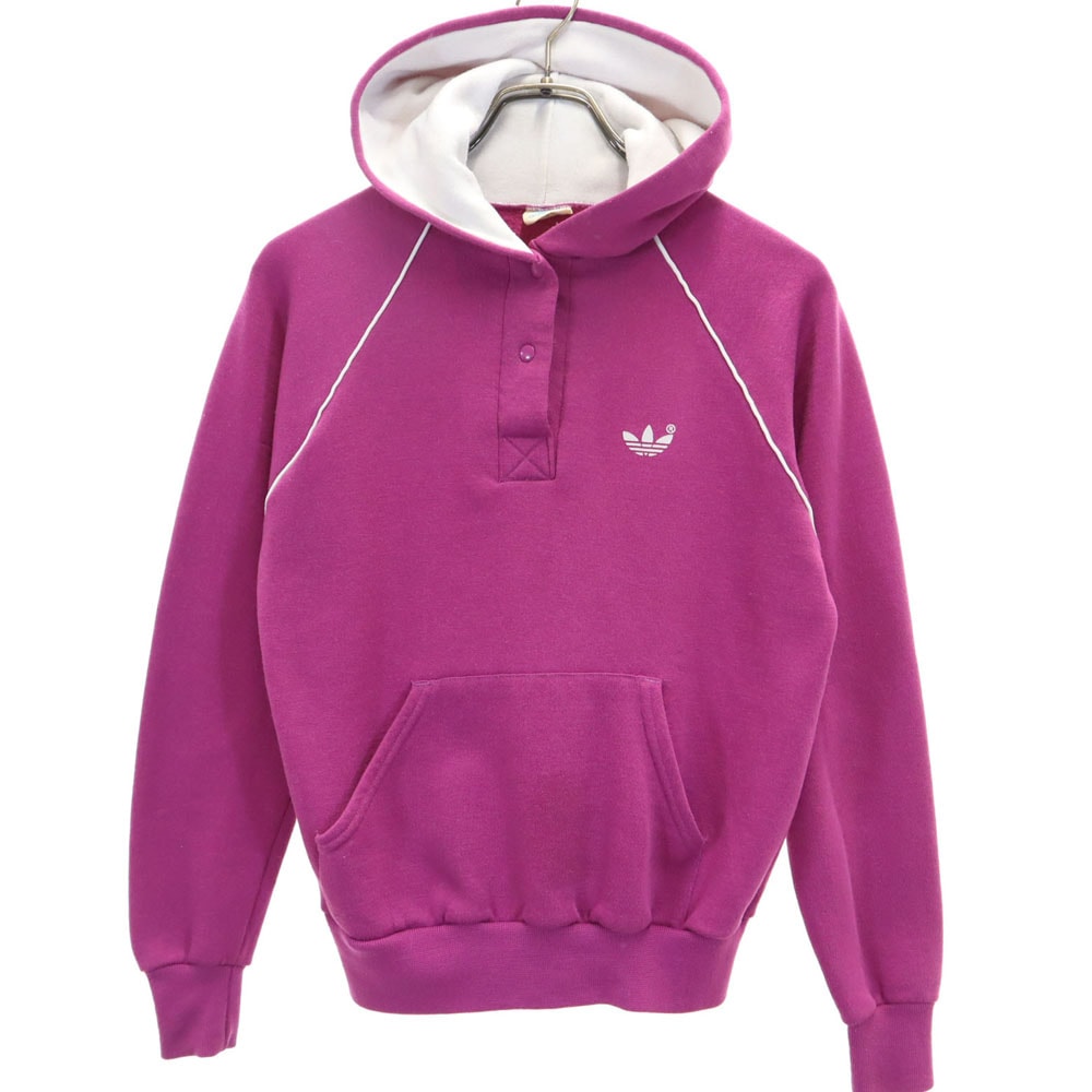 adidas アディダス 90s USA製 オールド トレフォイルロゴプリント 長袖 ハーフボタン スウェットパーカー M パープル系 プルオーバー