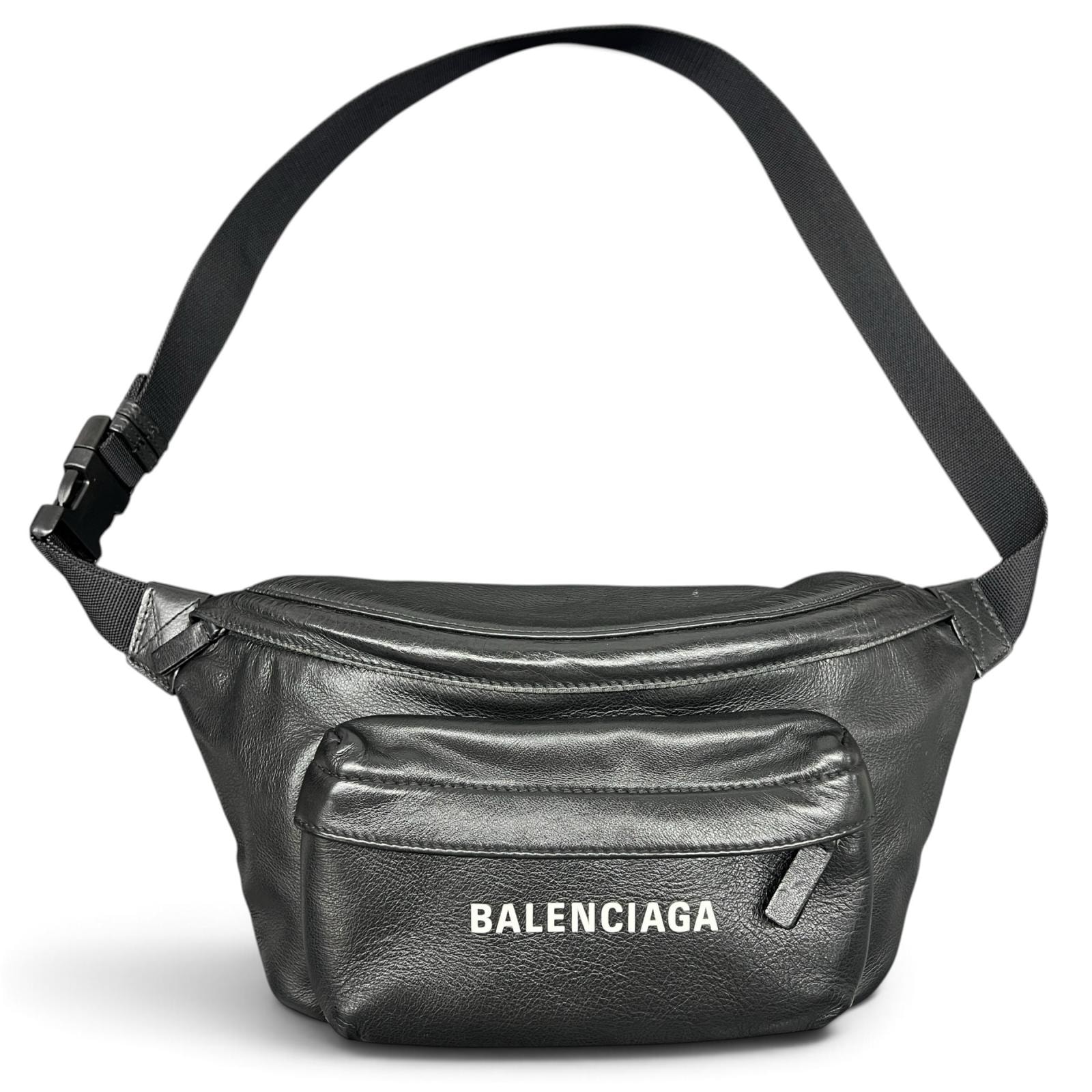 BALENCIAGA 美品 バレンシアガ エブリデイ ベルトバッグ ボディバッグ ショルダーバッグ 552375 レザー ブラック ホワイト ロゴ ユニセックス ABランク 中古 鑑定済 バレンシアガバッグ