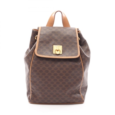 セリーヌ CELINE マカダム ドローストリング リュックサック バックパック バッグ PVCコーティングキャンバス レザー レディース ブラウン系 / ベージュ系 【中古】