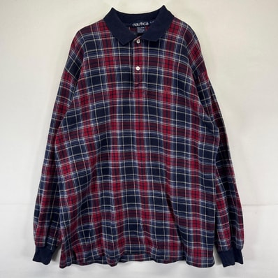 古着 ノーティカ NAUTICA 長袖シャツ ワンポイントロゴ刺繍 ポロシャツ レッド L ネイビー系 チェック メンズ