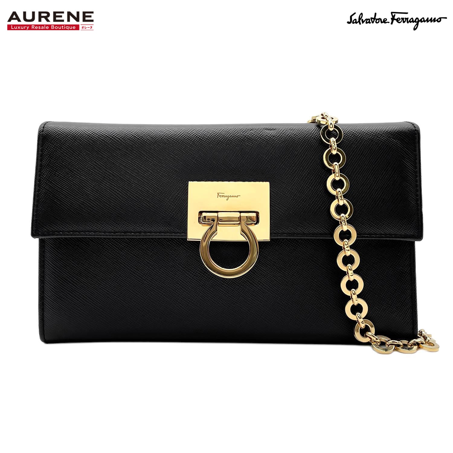 Salvatore Ferragamo サルヴァトーレフェラガモ ショルダーバッグ ガンチーニ 型押し チェーン レザー ブラック レディース 【中古】
