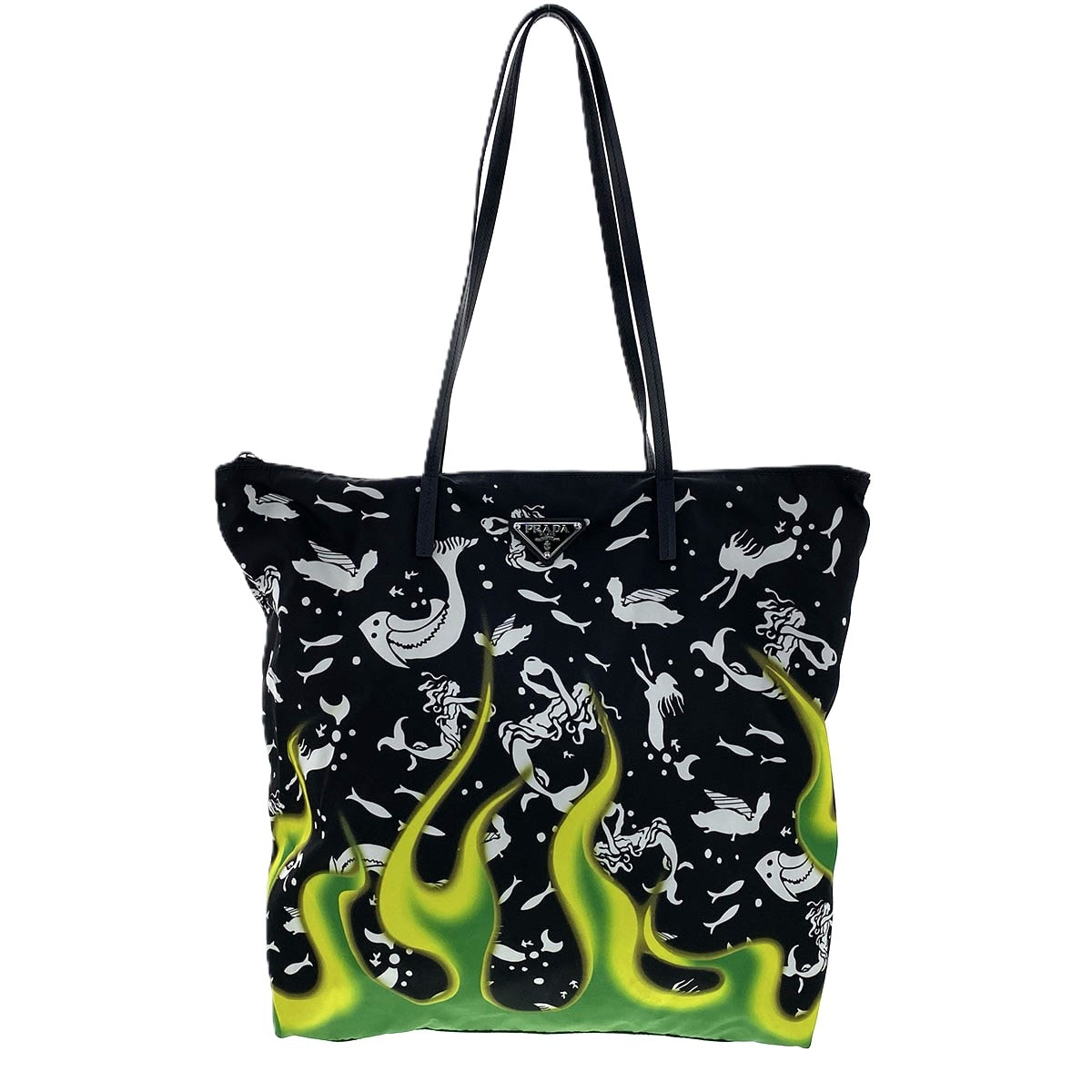 【値下げ】 PRADA プラダ ナイロン トート 人魚プリント ファイヤーパターン トートバッグ ナイロン ブラック レディース【中古】