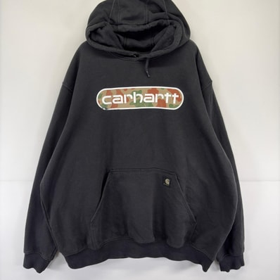 古着 カーハート Carhartt パーカー ロゴ 大きいサイズ プリント カモフラ 大きいサイズ 2XL ブラック メンズ