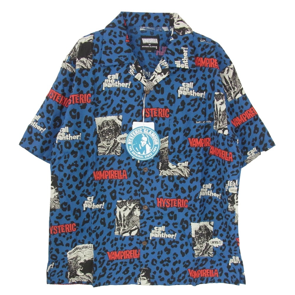 HYSTERIC GLAMOUR ヒステリックグラマー 02261AH17 VAMPIRELLA CALL ME PANTHER柄 オープンカラー 半袖 シャツ ブルー系 L【新古品】【未使用】【中古】