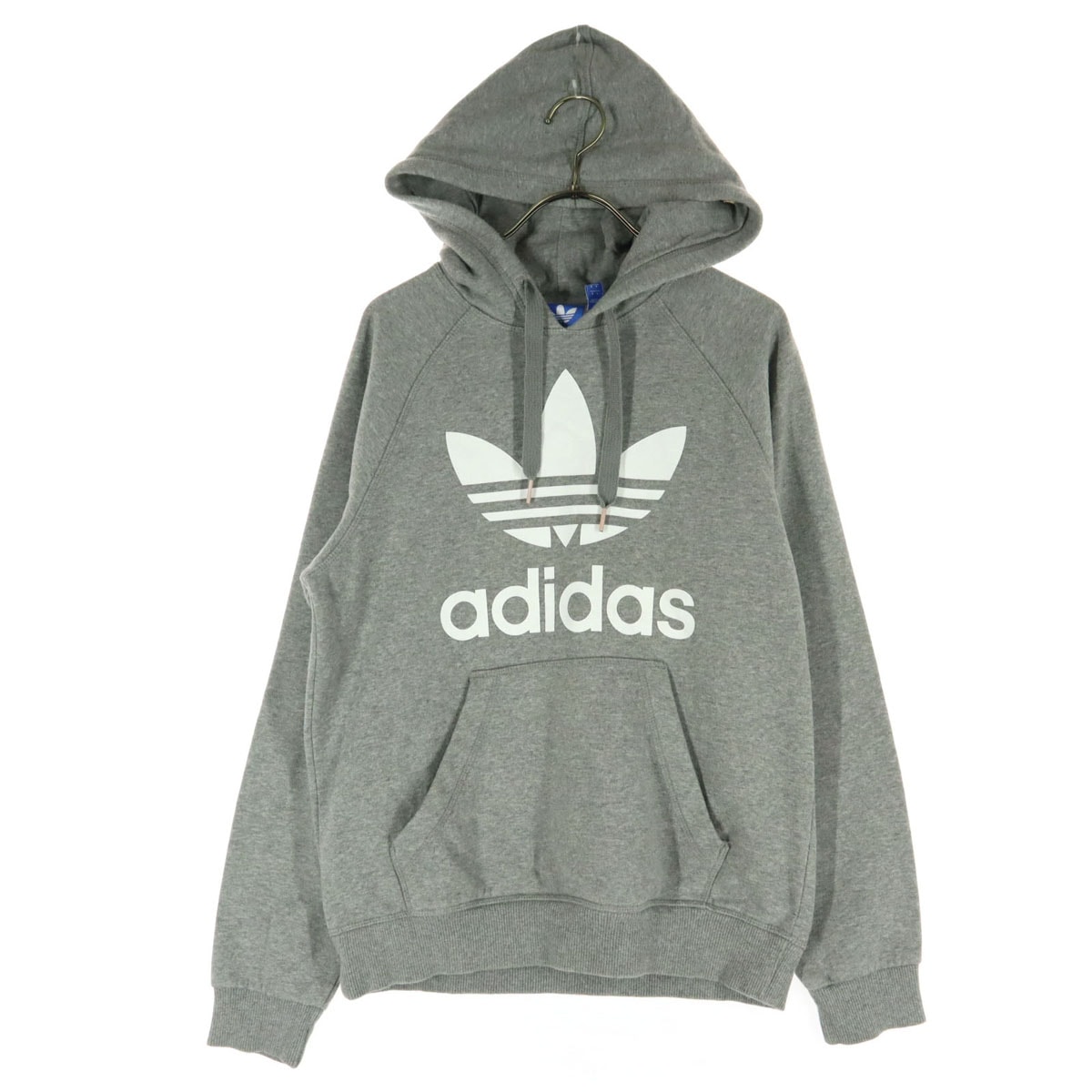 adidas アディダス 裏起毛 プリント 長袖 パーカー S グレー トレフォイルロゴ