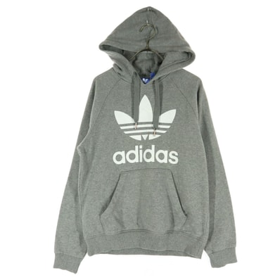 adidas アディダス 裏起毛 プリント 長袖 パーカー S グレー トレフォイルロゴ