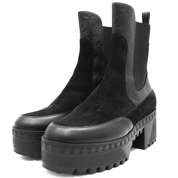 【美品】LOUIS VUITTON ルイ・ヴィトン ローリエート チェルシーブーツ 2023年製 スウェード カーフレザー LV ロゴ モノグラム デボス 厚底 1AC7W4 サイドゴア アンクル ショート シューズ 革靴 袋付 レディース 38h 黒 伊製