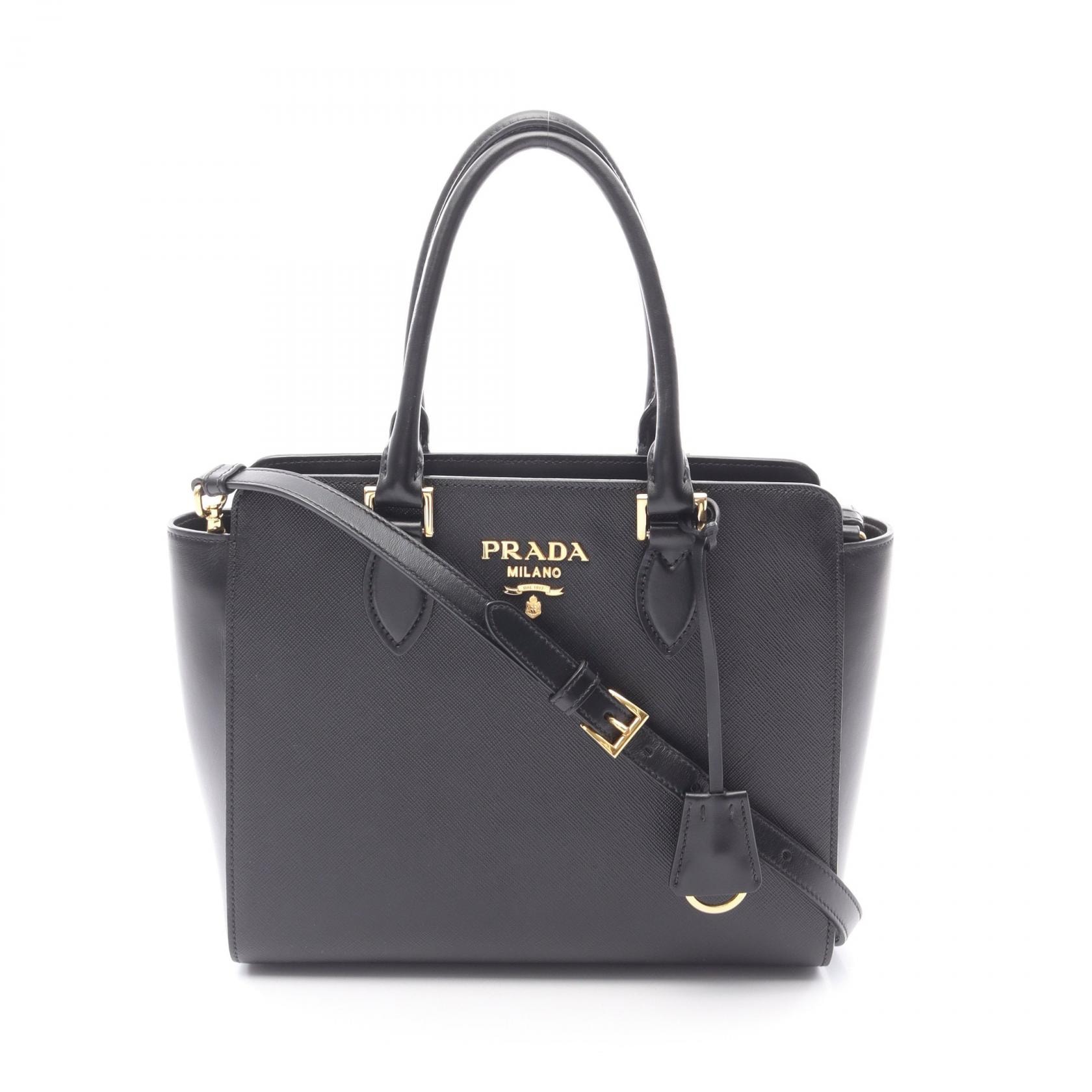 プラダ PRADA SAFFIANO +SOFT CALF ハンドバッグ バッグ サフィアーノレザー レディース ブラック系 【中古】