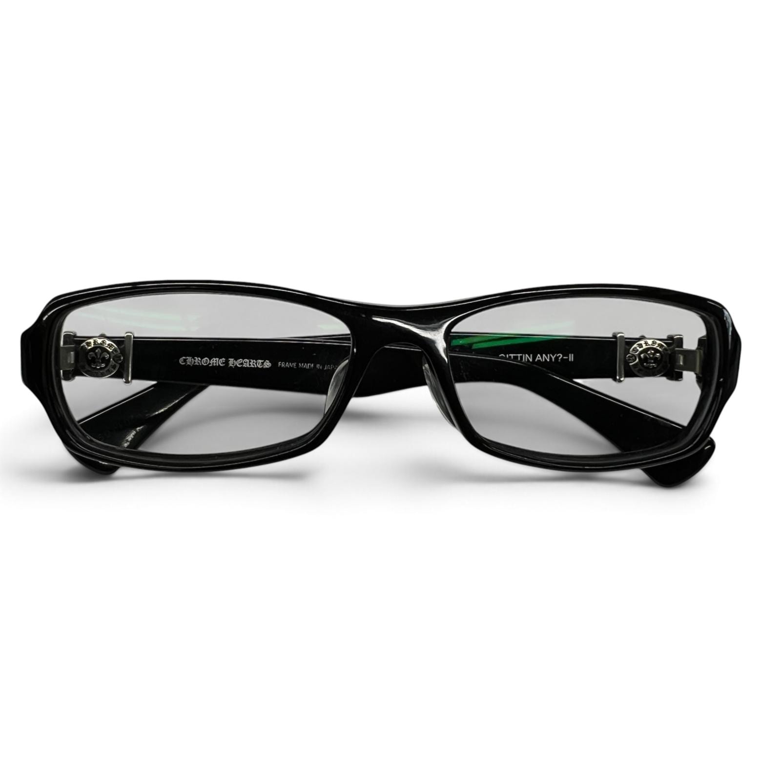 CHROME HEARTS 美品 クロムハーツ GITTIN ANY?-II ギッティンエニー BSフレア サングラス メガネ 56□16-136 ギャランティ・ケース付属 ブラック 度入りクリアレンズ プラスチック シルバー ABランク 中古 鑑定済