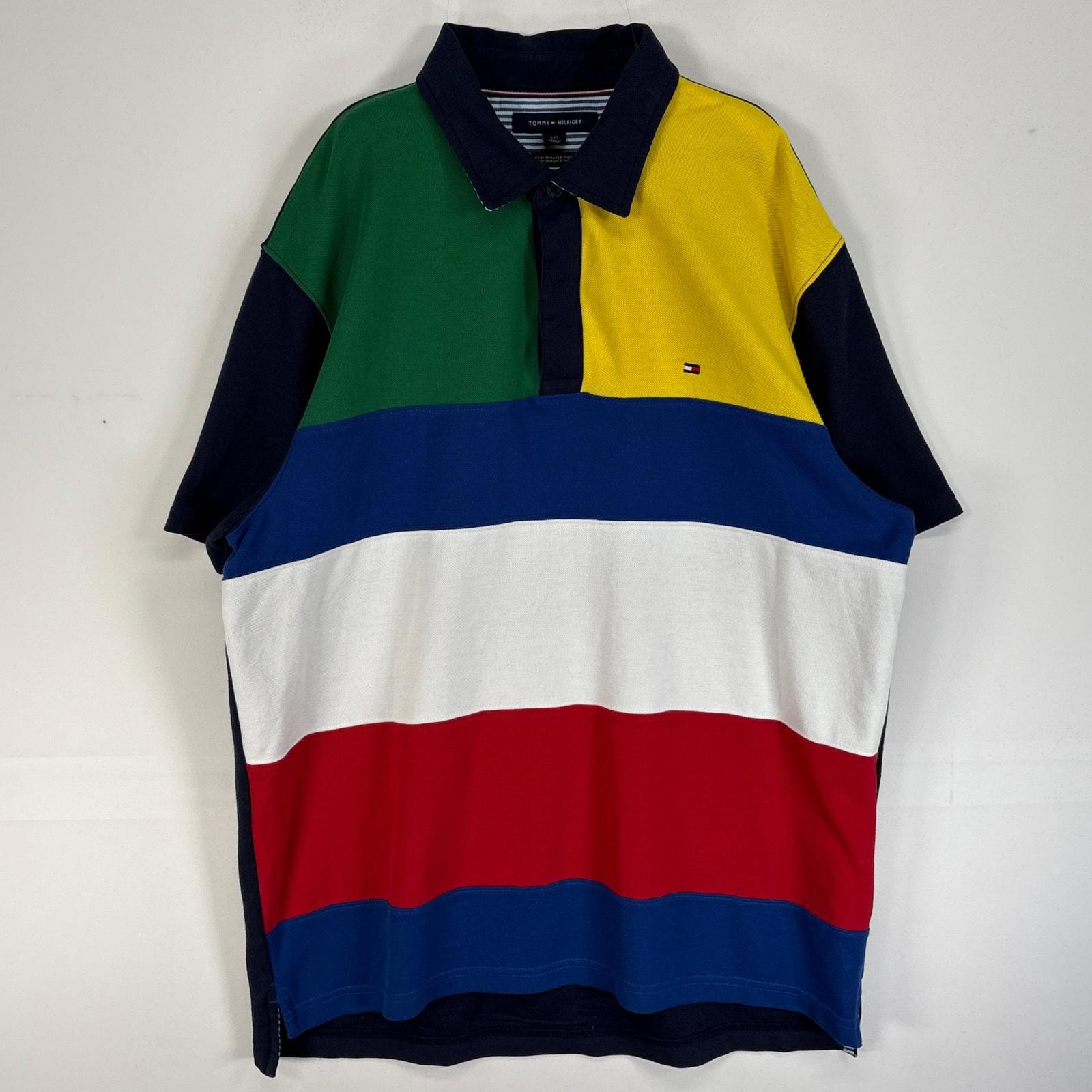 古着 トミーヒルフィガー TOMMY HILFIGER 鹿の子 半袖 ポロシャツ 2ボタン ボーダー L  ネイビー系 マルチカラー メンズ