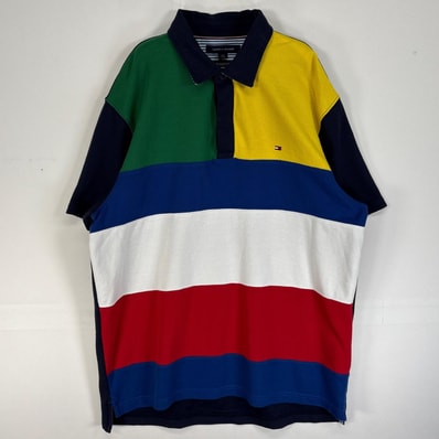 古着 トミーヒルフィガー TOMMY HILFIGER 鹿の子 半袖 ポロシャツ 2ボタン ボーダー L ネイビー系 マルチカラー メンズ