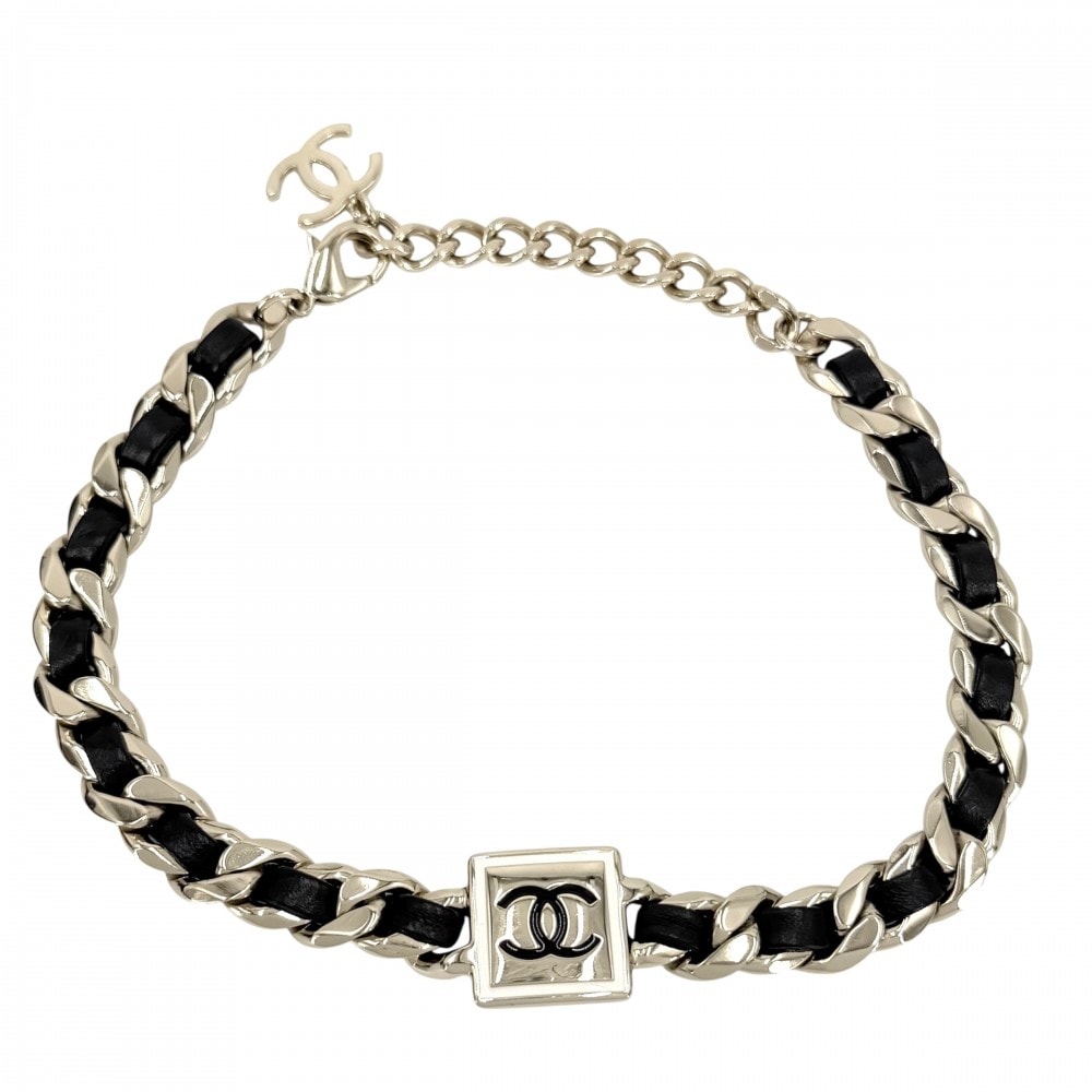 CHANEL シャネル チョーカー ココマーク チェーン アクセサリー ネックレス アジャスター付き GP  レザー   B21B ゴールド ブラック 黒 レディース 約71.7g 美品 2021年【中古品】