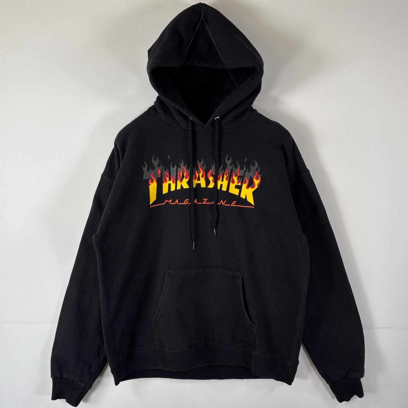 古着 スラッシャー THRASHER パーカー フーディ プルオーバー  ファイヤーパターン ストリート プリントデザイン M  ブラック メンズ