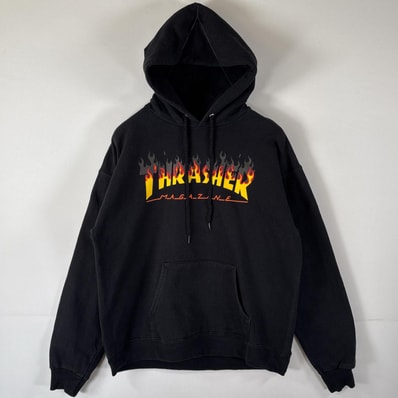古着 スラッシャー THRASHER パーカー フーディ プルオーバー ファイヤーパターン ストリート プリントデザイン M ブラック メンズ